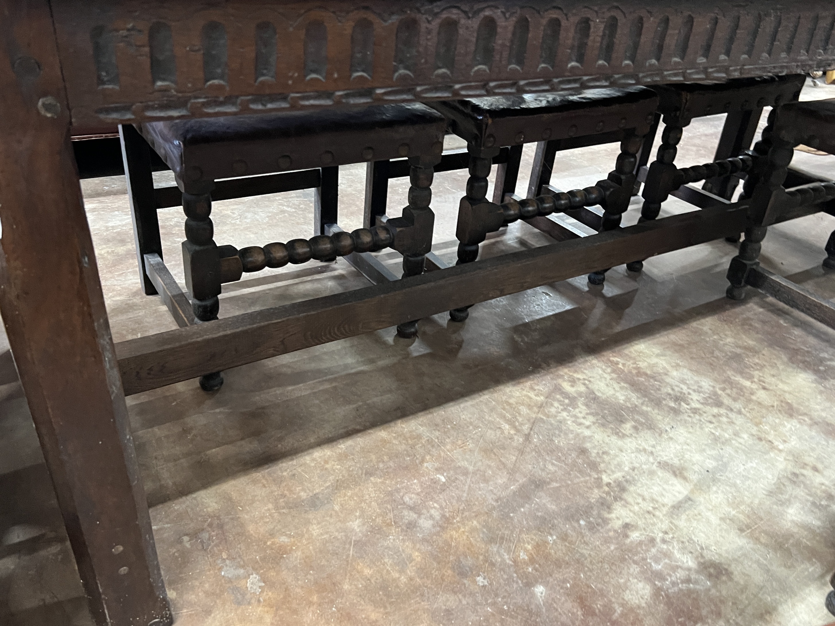 A 17th century style oak refectory dining table, length 220cm, width 85cm, height 75cm